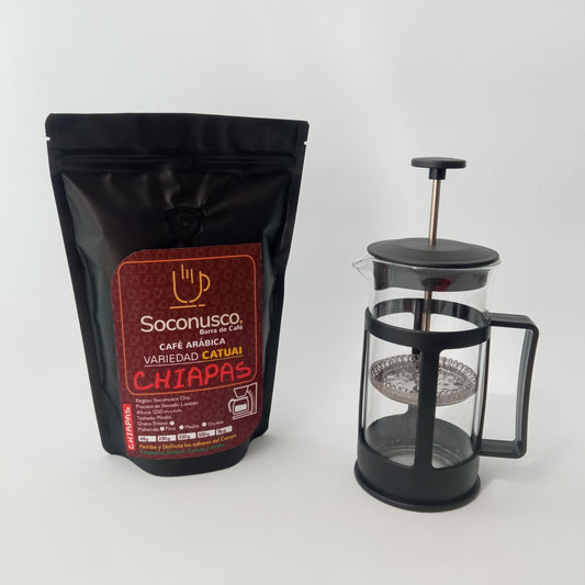 CAFÉ CHIAPAS Y CAFETERA PRENSA FRANCESA 350ml_CRISTAL_ACERO INOXIDABLE