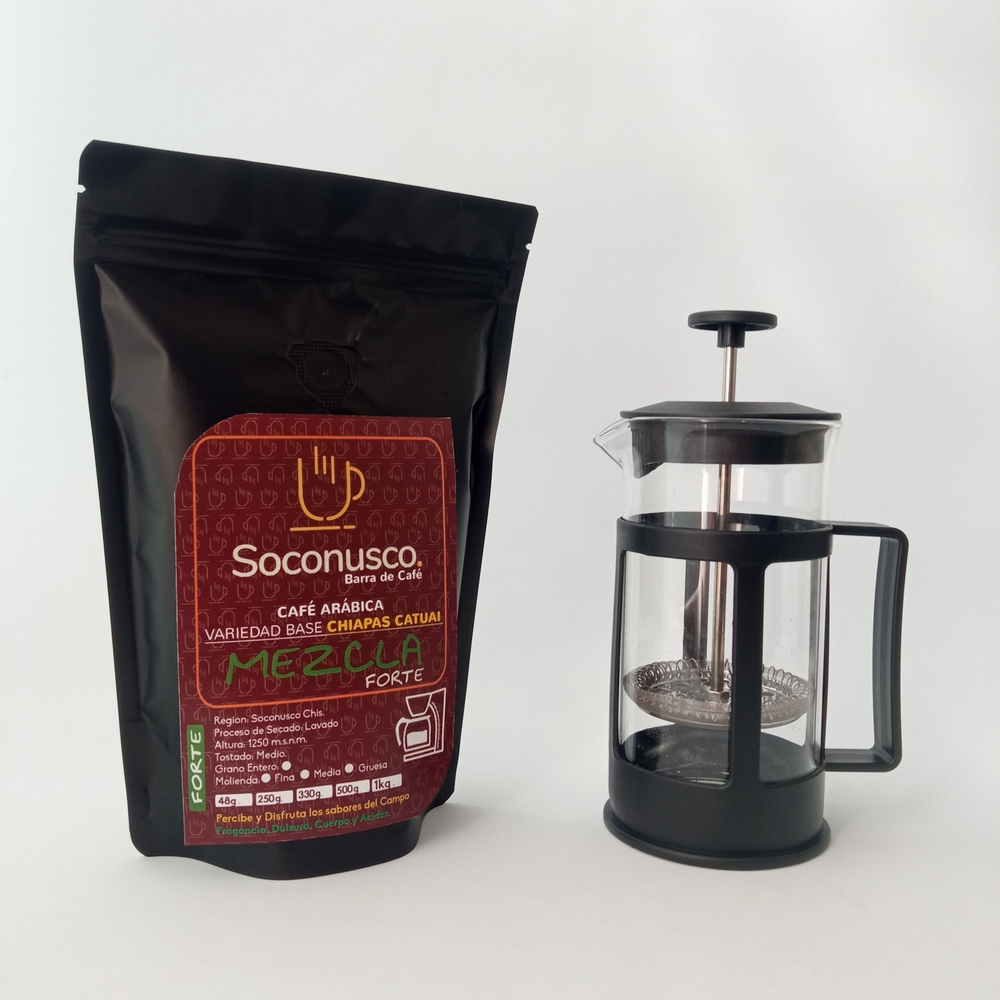 CAFÉ MEZCLA ESPECIAL Y CAFETERA PRENSA FRANCESA 350ml_CRISTAL_ACERO INOXIDABLE
