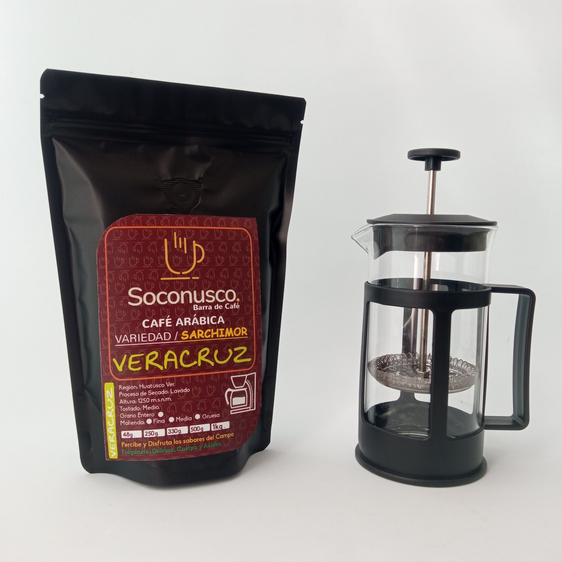 CAFE VERACRUZ Y CAFETERA PRENSA FRANCESA 350ml_CRISTAL_ACERO INOXIDABLE